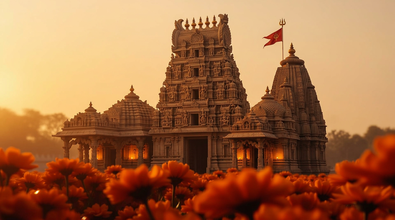 Indian mandir at golden hour with marigold flowers