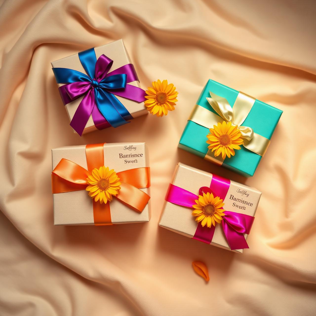 Sweet boxes wrapped with silk ribbons and marigold flowers